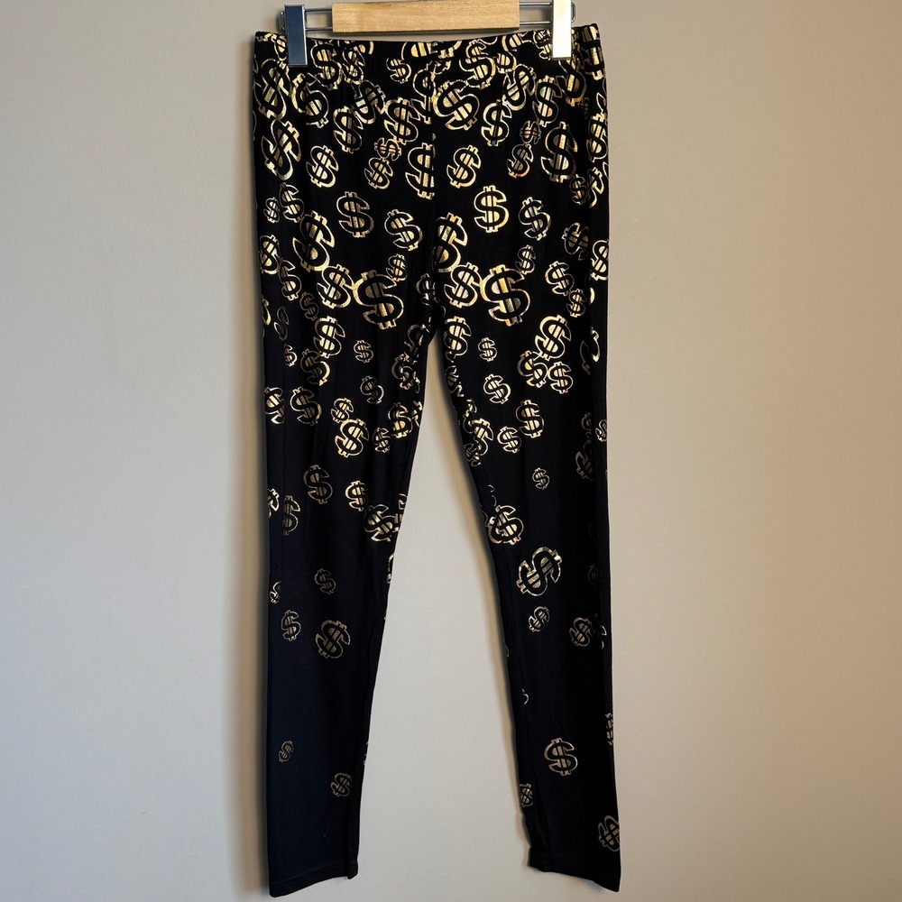 Topshop Legging Gold Dollar Sign Print Black Size 8 Stretch Casual Pants Novelty